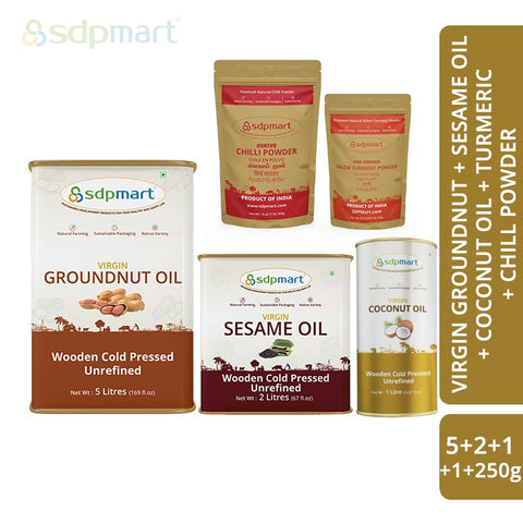 COMBO 06 - SDPMart Premium Virgin  Groundnut Oil 5 Liter & Sesame Oil 2 Liter & CoconutOil 1 Liter, Chill Powder 1 Lb, Turmeric Powder 250 Gms - SDPMart