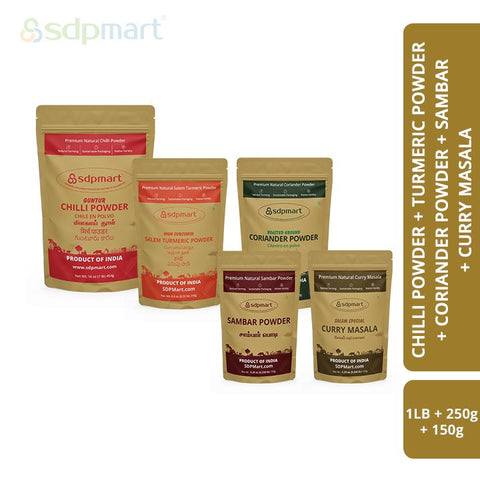 COMBO 07 - SDPMart Spcies Chill powder 1 Lb, Coriander Powder 250 Gms, Turmeric Powder 250 Gms, Sampar Powder 150 Gms, Curry Masala 150 Gms - SDPMart