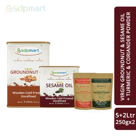 COMBO 4 - SDPMart Premium  Virgin Oil  & Spice (Groundnut 5L + Sesame  2L + Turmeric 250G + coriander 250G) - SDPMart