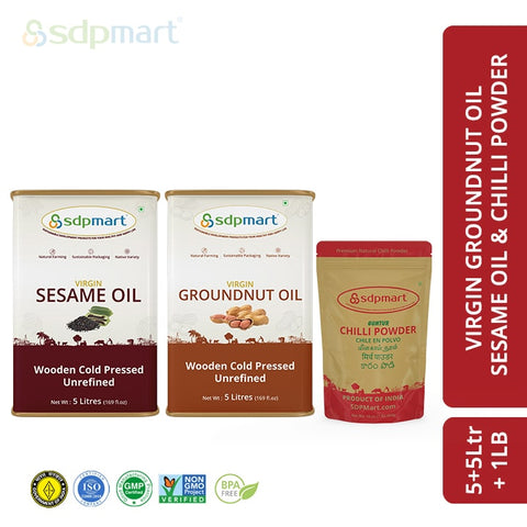 SDPMart Combo Pack 3 - Groundnut Oil 5Ltr + Sesame Oil 5Ltr + Chilli Powder 1Lb - SDPMart